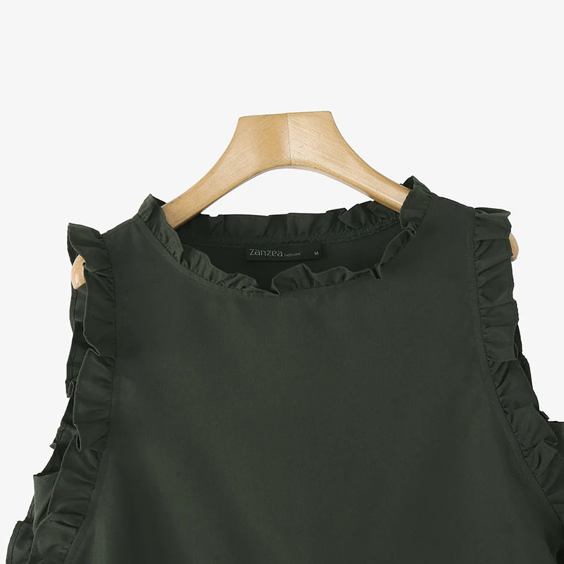 ZANZEA Women Tank Tops 2025 Summer Bandage Casual Loose Tees Sexy Sleeveless Solid Color Shirts Round Neck Ruffled Blusas Tops