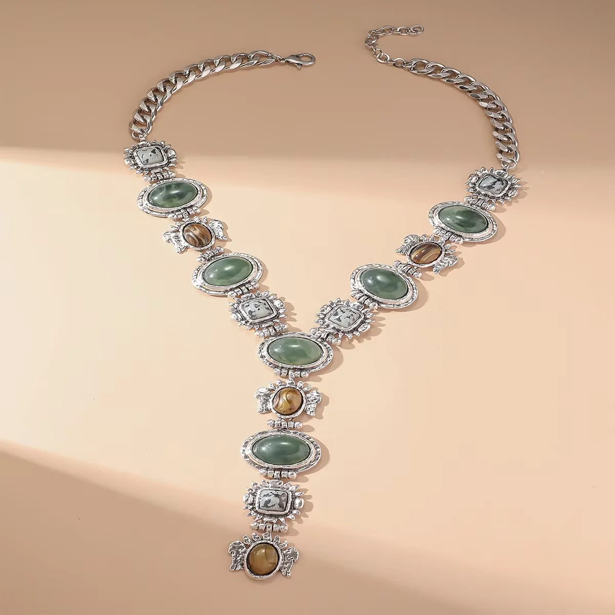 Retro Chunky Chain Geometric Resin Necklace Women's Asymmetrical Metal Necklace Ethnic-Style Jewelry Gift