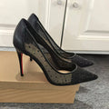 Zapatos de tacón de mujer con encaje de malla negra de lunares, punta afilada, suela roja, tacones altos de 8, 10 y 12 cm, talla 35-42