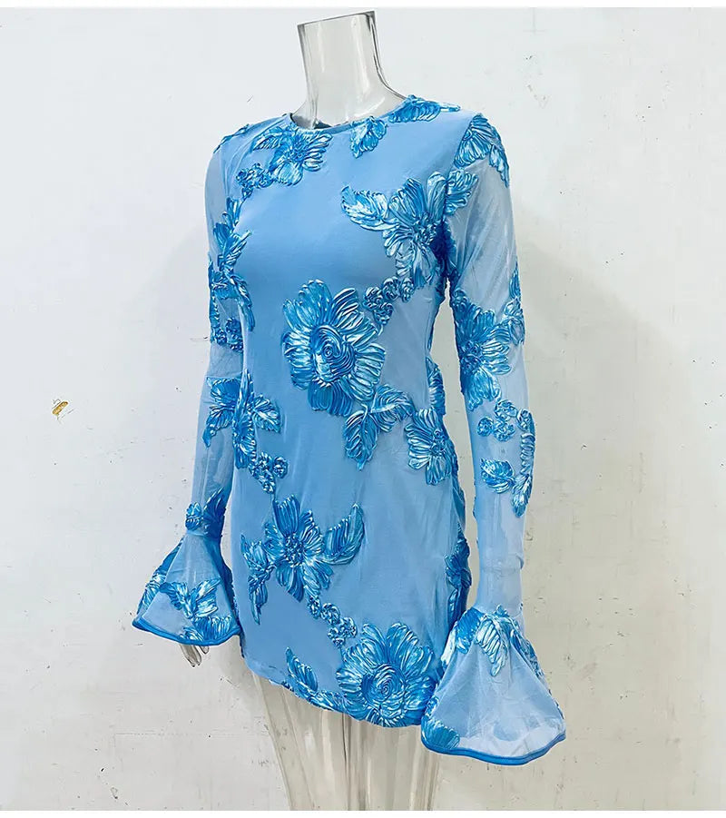 GACVGA Mesh Flare Sleeve Elegant Mini Dress For Women 3D Flower Slim Backless Sexy Bodycon Party Club Dress