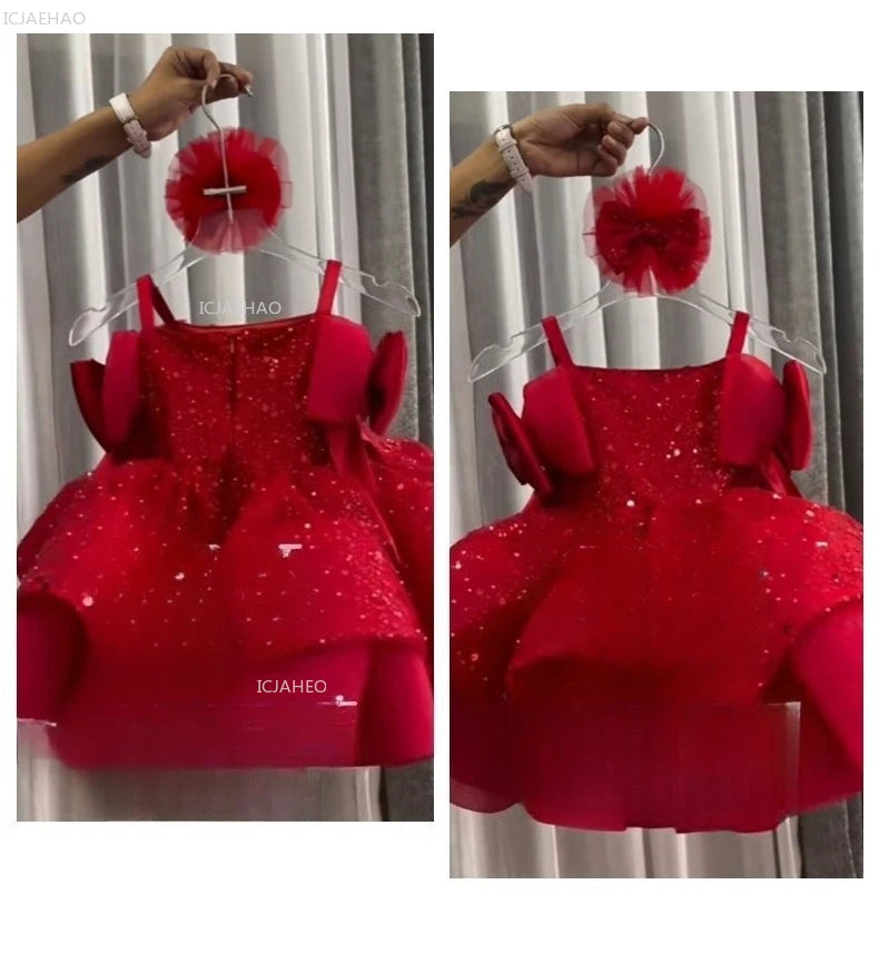 New Children Girls Red Sequin Party Dress Puffy Tulle Princess Gown for Kids Birthday Christmas Celebration Pageant Formal Wear