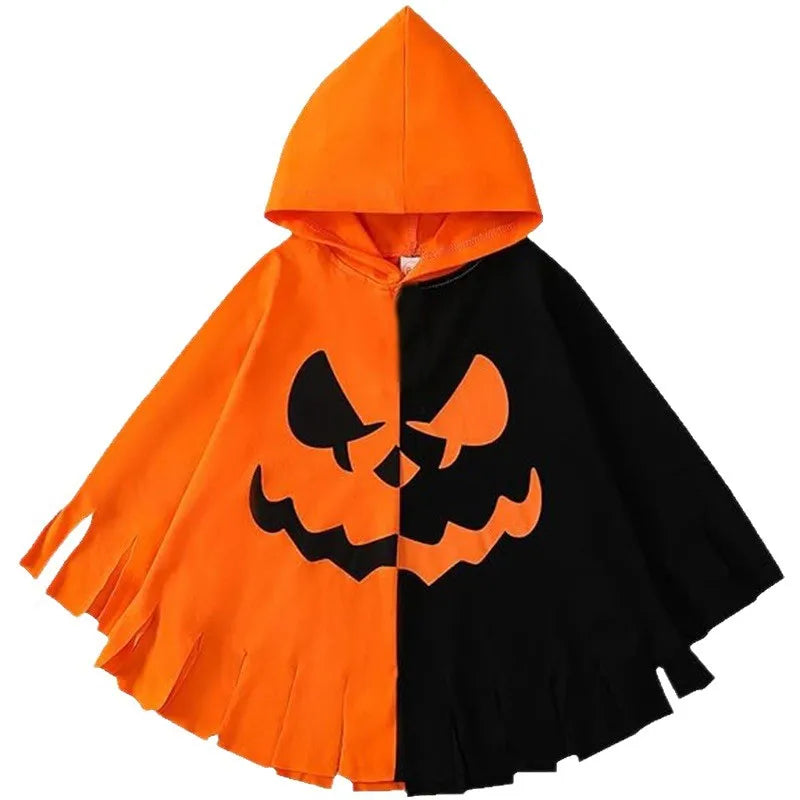 Halloween Cloak Pumpkin Bat Carnival Clothing with Hat Orange Color blocked Print Cosplay Funny Party Dress Up Costume Cos