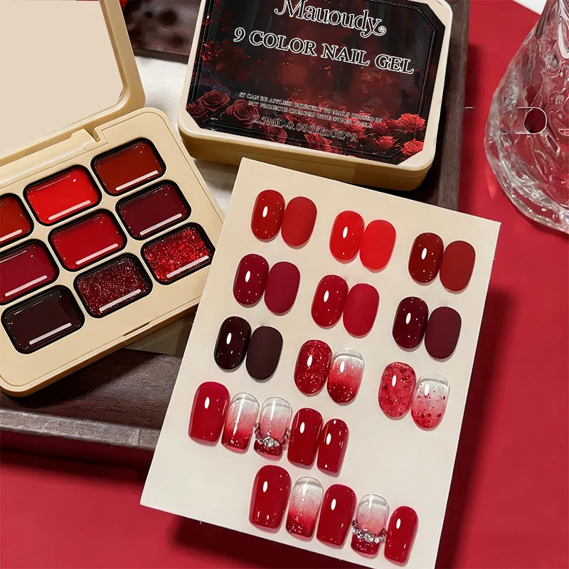 9-Color Wine Red Sticky Solid Nail Polish Set - New Trends: Tomato Red, Cherry Red, Solid Nine-Square Grid Nail Polish