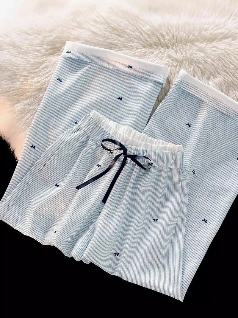 Zoki Sweet Bow Striped Pants Women High Waist Korean Casual Wide Leg Trousers Elegant Fashion Loose Cute Female Spring Pants New