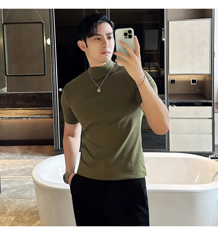 Spring Summer Men's Half High Neck Short Sleeve T-shirt Korean Slim Fit Solid Color Bottom Shirt Casual Cotton Elastic T-shirts