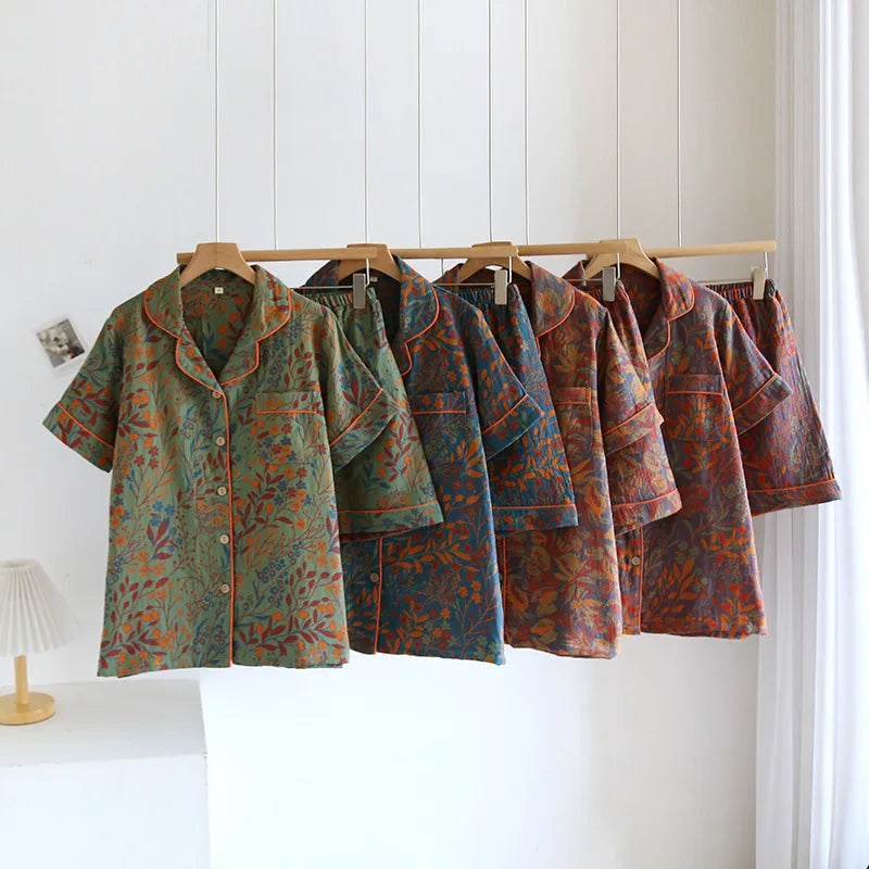 Women's Short Sleeved Shorts Newest Cotton Jacquard Yarn Woven Floral Printed Cardigan Summer Home Pijama Clothes