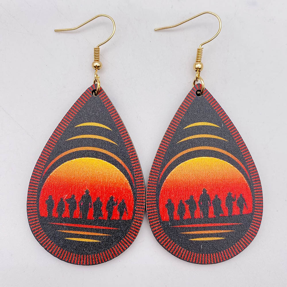Western Cowboy Color Print Scenery Wood Teardrop Drop Earrings for Women Fashion Bronc Horse Cowgirl Cactus Sunset Art Earrings