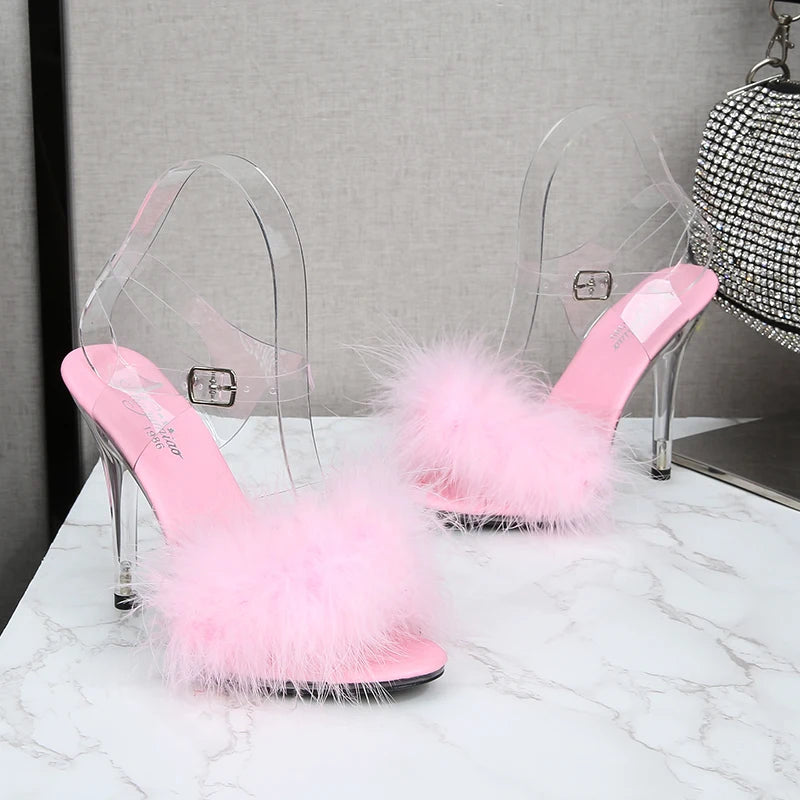 Feather Sandals Women Furry High Heels Ankle Plush Sandals Woman Transparent Heels With Fur Stripper Heeled Sandal Women Evening
