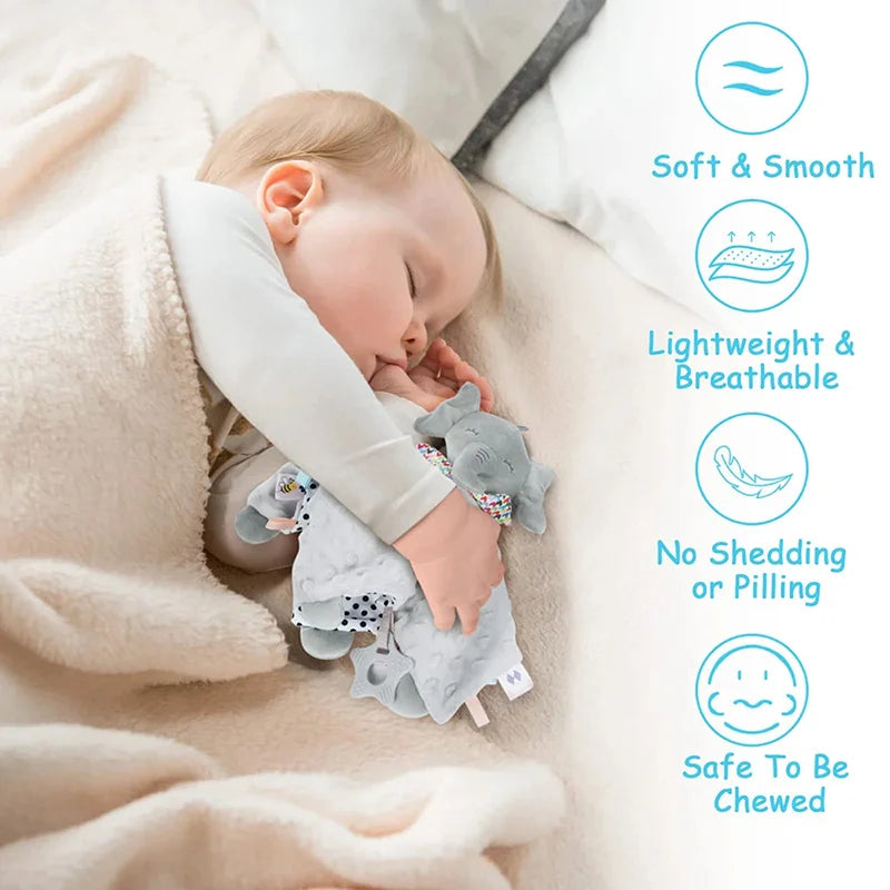 Personalised Baby Elephant Security Blanket Organic Cotton Comforter with Silicone Teether Infant Shower Gift