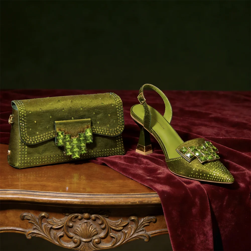 Stylish Orange Rhinestone High Heel Shoes & Matching Handbag - Elegant Pointed-Toe Footwear for Women, Ideal for Parties
