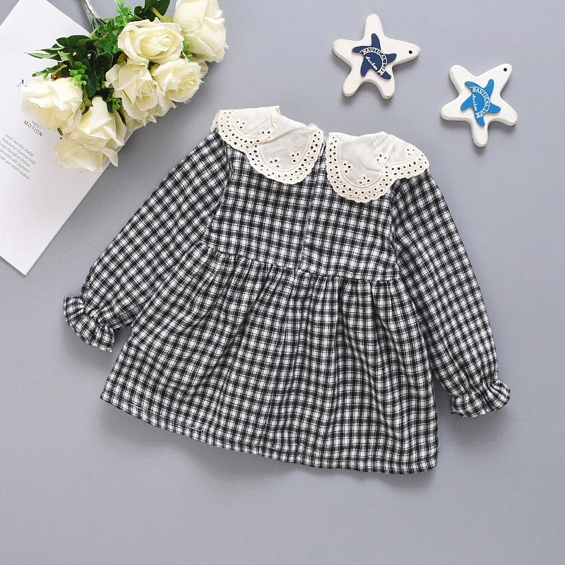 New Black Checkered Long Sleeved Baby Girl Dress For Autumn And Winter, White Baby Collar Children'S Clothing For 6-24 Months