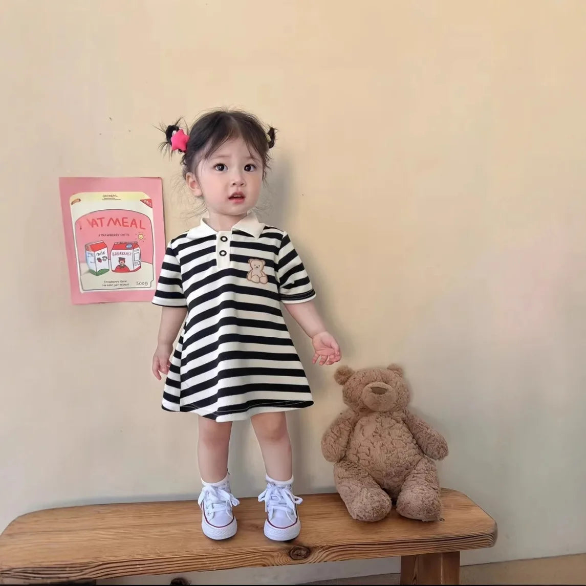 2025 New Children's Dress Girls' Summer Korean Edition Fashion Casual Striped Collar Short sleeved Dress1-10Y