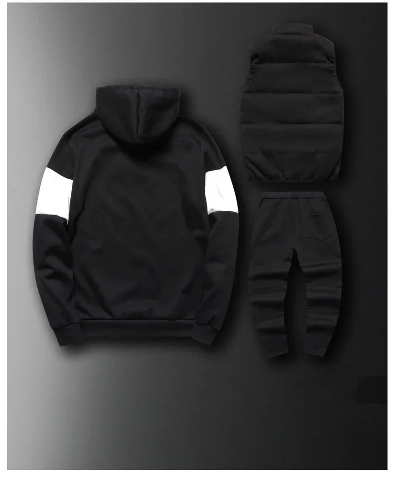 3 Pieces Set Hoodies+Vest+Pants Casual Men's Track Suit Clothing Coats Winter Thick Warm Tracksuit for Men Printed Mens Set Vest