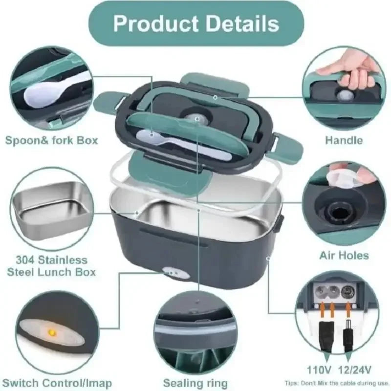 1.5L 60W Electric Lunch Box Food Warmer Portable Food Heater for Car Or Home - Leak Proof, Lunch Heating Microwave for Truckers