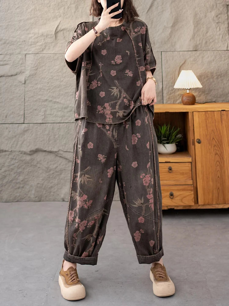AmaxluluE 2025 Summer Women Denim Suits Loose Printed Two Pieces Sets Floral Outfit O Neck Tops Tees Vintage Jeans Fashion Pants