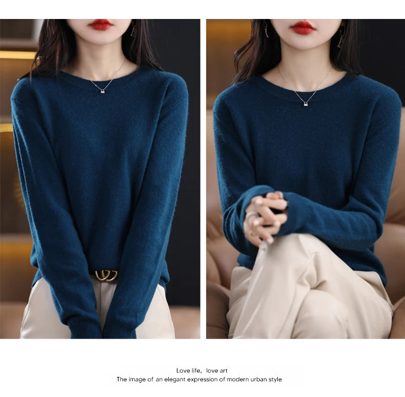 Women 100% Merino Wool Sweater O-Neck Long Sleeve Cashmere Knitwear Pullover Aliselect Fashion Autumn Winter Clothing Tops