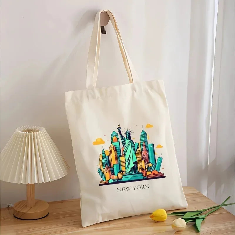 New York printed Women Shoulder Bags Reusable Casual Girl Handbags Gift Canvas Lady Tote Handbag Large Capacity Shopping Bag