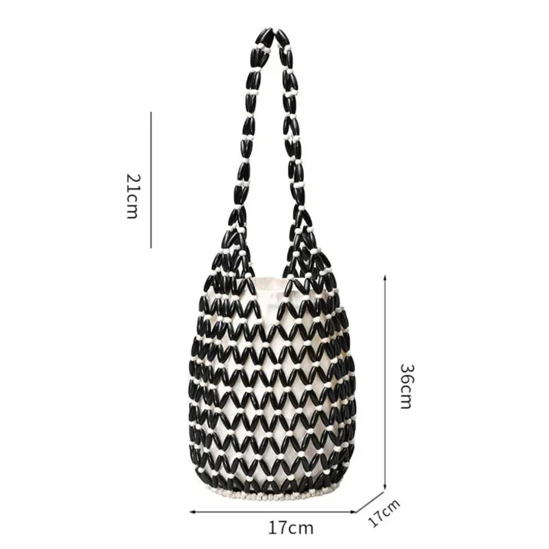 Summer Boho Style Hollow Out Woven Bag for Women Fashion Wooden Beads Shoulder Bag Seaside Holiday Mesh Bucket Tote Bags Bolsa