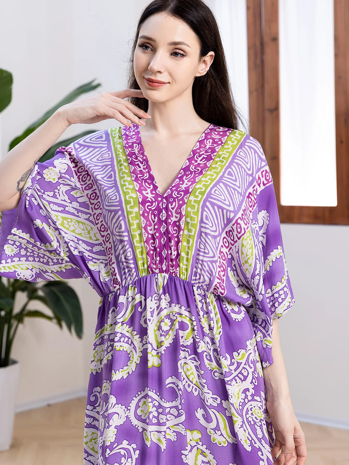 Bohemian Oversize Loose Elastic Waist Maxi Dresses Women Robe Cotton Rayon Floral Printed Long Dress Summer Boho Beach Cover up