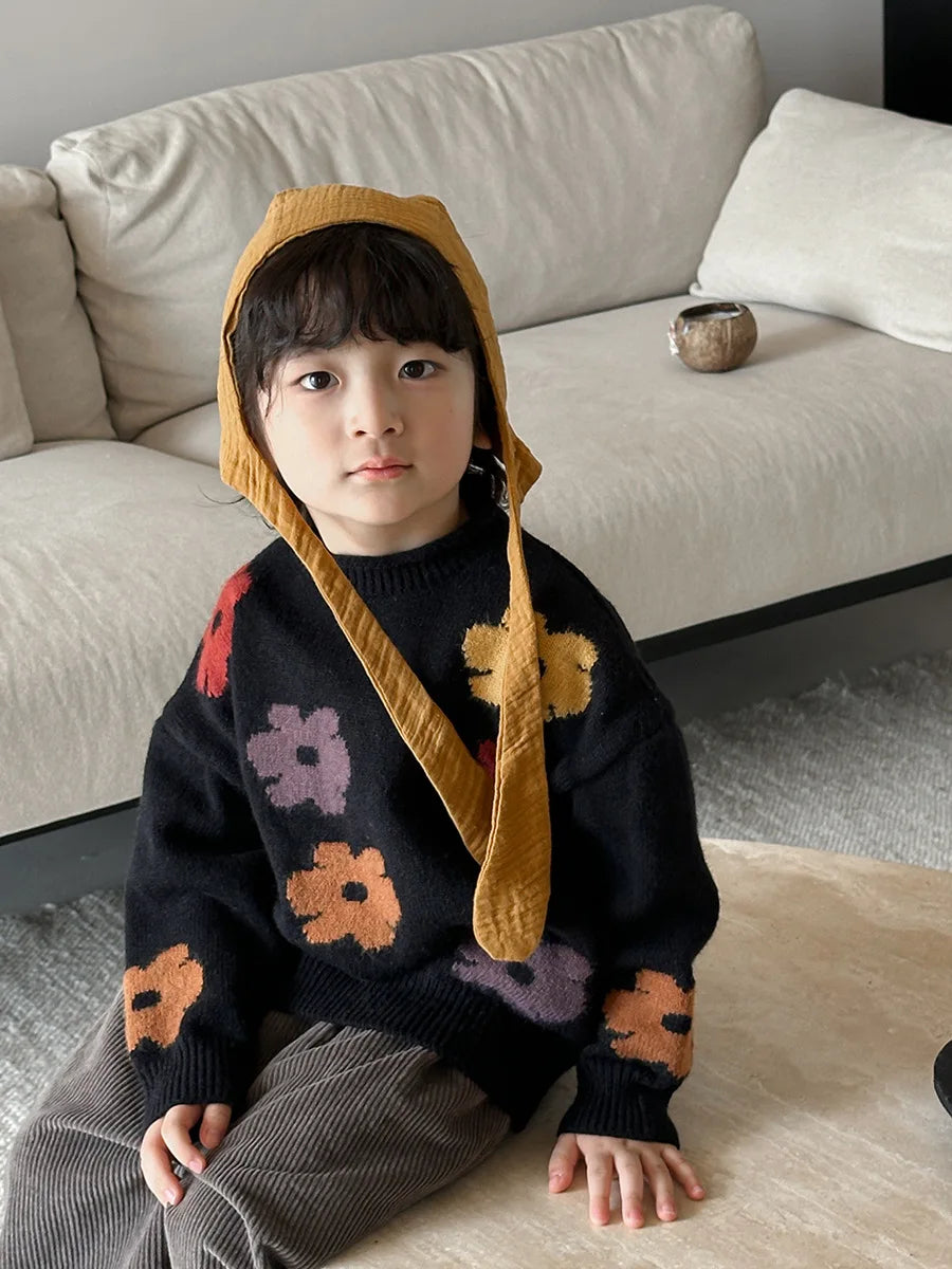deer jonmi 2025 New Autumn Unisex Children Flowers Knitted Sweaters Retro Baby Boys Girls Pullovers Sweater