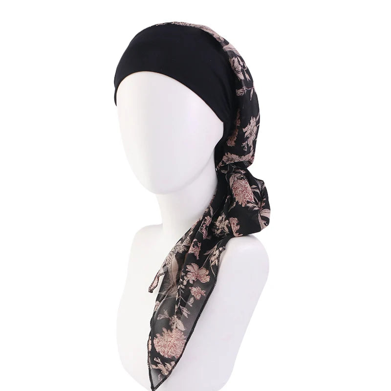 New Muslim Women Hijab Head Wrap Pre-Tied Headwear Cancer Chemo Flower Printed Elastic Turban Cover Hair Loss Head Scarf Bandana