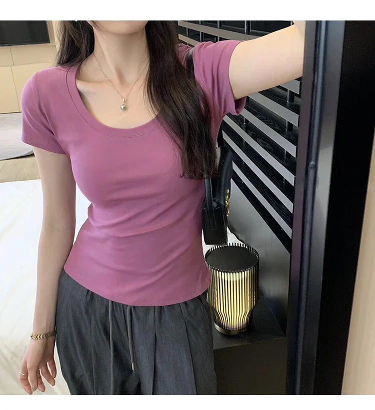 Spring Summer New Short Sleeve T-Shirt Women Solid Simple Casual Soft All-Match Hot Basic Slim Tops Tees Summer Fashion 2026