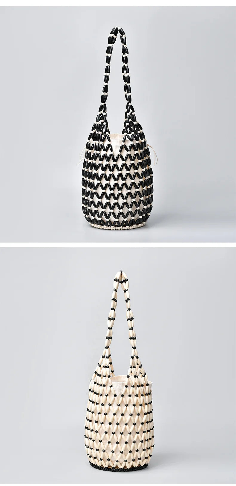 Summer Boho Style Hollow Out Woven Bag for Women Fashion Wooden Beads Shoulder Bag Seaside Holiday Mesh Bucket Tote Bags Bolsa