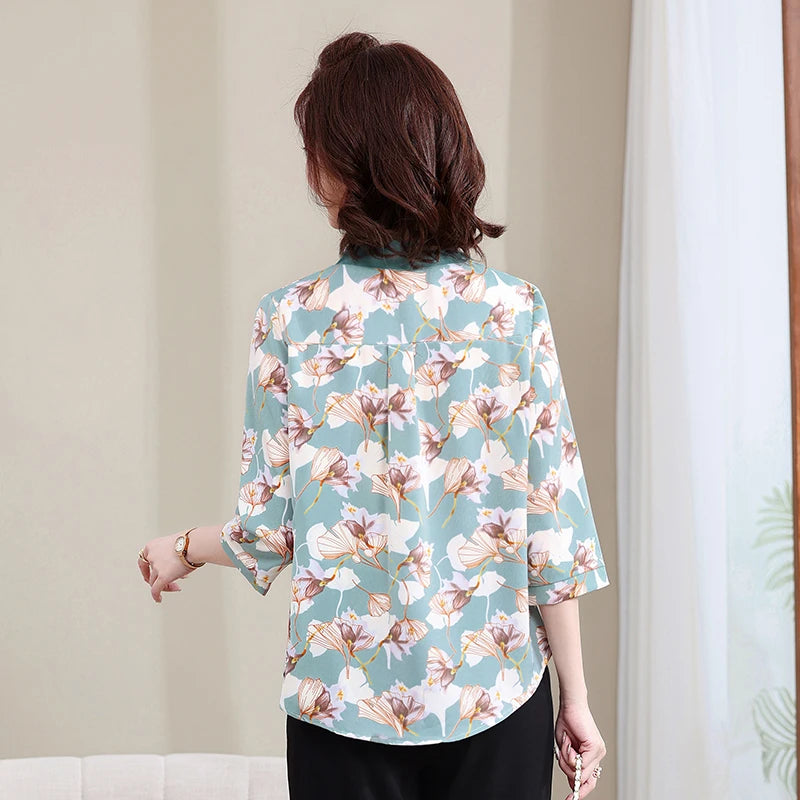 Fashion Printed Spring and Autumn shawl collar Women's Fashion Floral Checked Mid Sleeved Loose Chiffon Tops