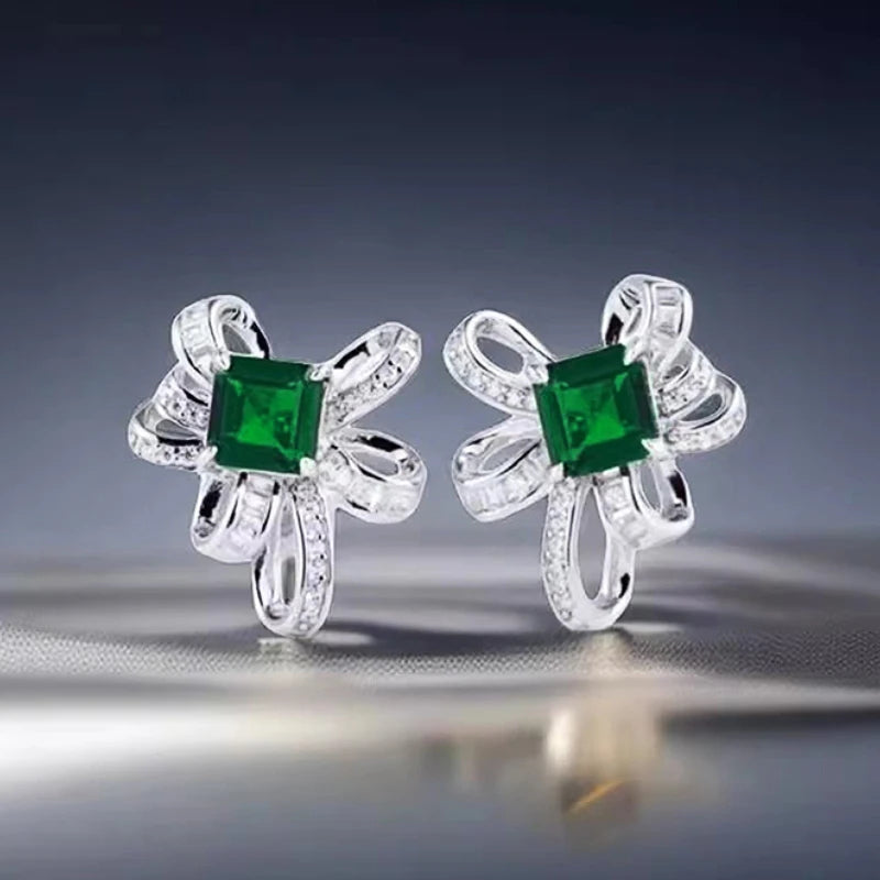 Huitan Aesthetic Knot Design Women Stud Earrings with Bright Green CZ Charming Wedding Fashion Accessories Party Daily Jewelry