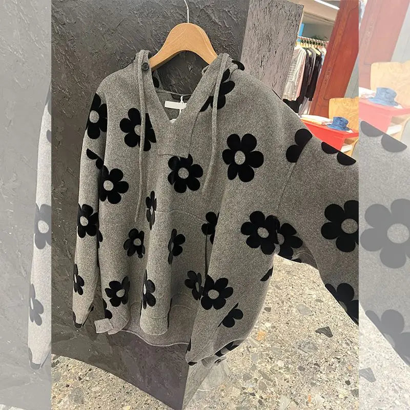 Grey high-grade printed loose hooded sweater for women in autumn and winter Joker new V-neck design temperament casual top