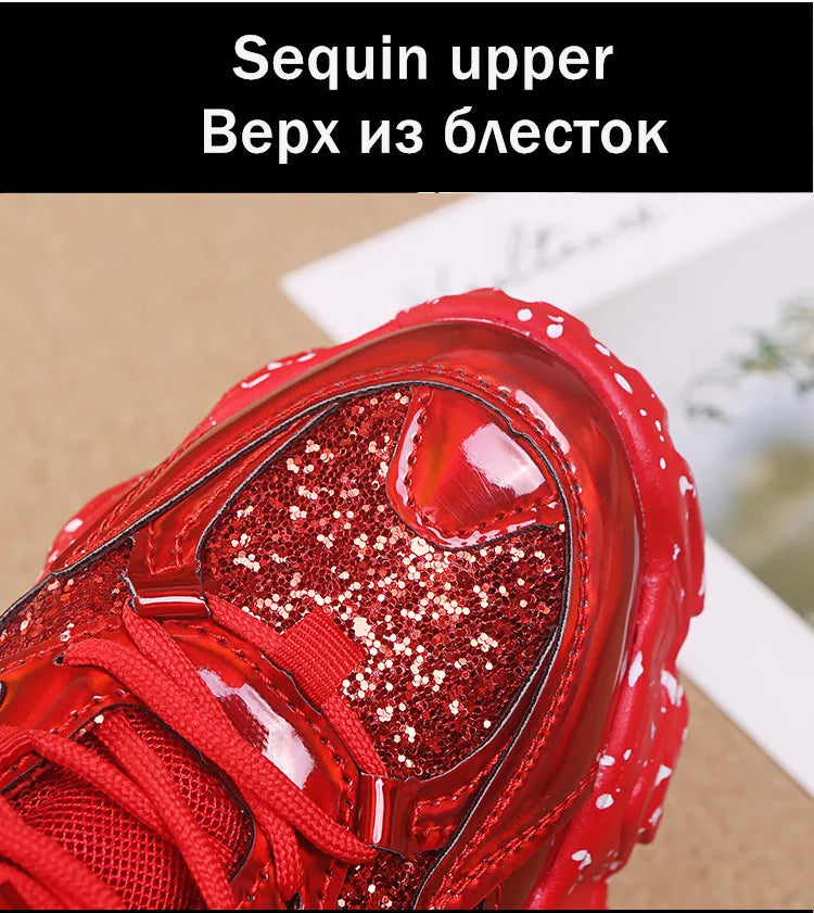 Comemore Women New Bling Platform Sneakers for Girls Casual Chunky Sneaker 6cm Thick Bottom Sports Shoes Platform Red Silver 40