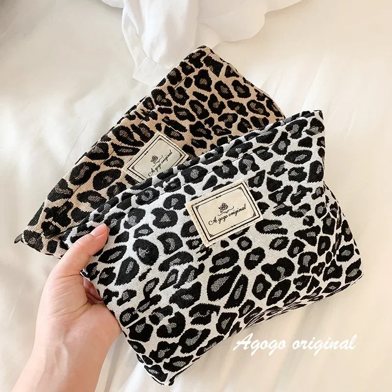 Large Women Leopard Cosmetic Bag Canvas Zipper Thickening Phone Make Up Bag Travel Washing Makeup Organizer Beauty Case