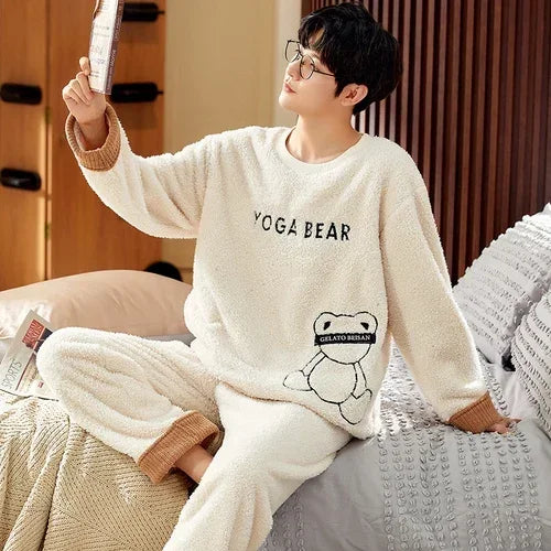 2024 Winter Men Fleece Casual Long Sleeve Pajamas Set Coral Velvet Cute Cartoon Sleepwear Male Plush Thicken Warm Homewear