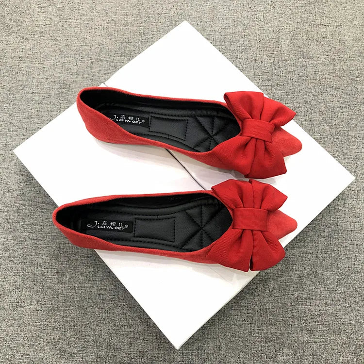 Women Flats Spring Summer Butterfly-knot Bow Velvet Flock Leather Flat Shoes for Women Black Red Apricot Zapatillas Mujer 44 45