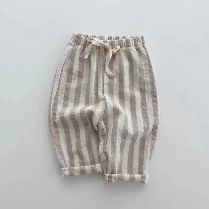 Vintage Linen Cotton Stripe Pants for Boys Casual Pocket Design Elastics Waist Pants for Toddler Girl Clothing Children Trousers