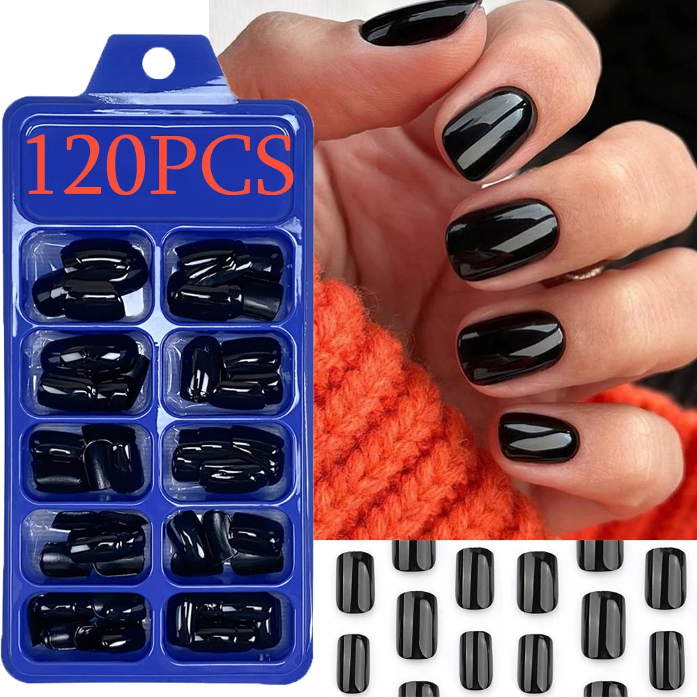 120pcs Glossy Short Square False Nails Black/White Full Cover Simple Press On Nails Tips Artificial Fingernail Extend Fake Nails