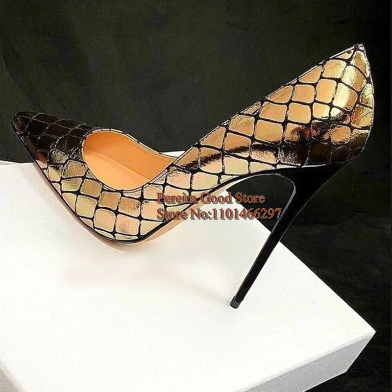 Luxury Gold Snake Printed Leather Stiletto High Heels Pumps Metallic Pointed Toe Slip On Shallow Women Banquet Footwear