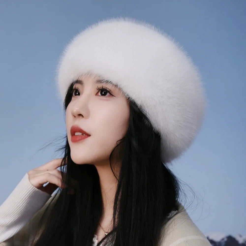 Fashion Thick Turban Hat Keep Warm Solid Color Wide Headwrap Imitation Fox Fur Elastic Ski Hats Winter