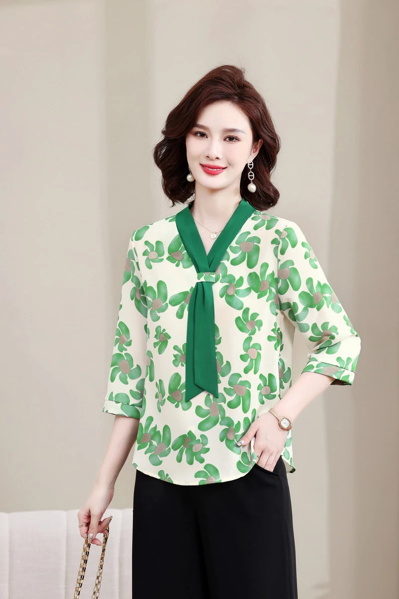 Fashion Printed Spring and Autumn shawl collar Women's Fashion Floral Checked Mid Sleeved Loose Chiffon Tops