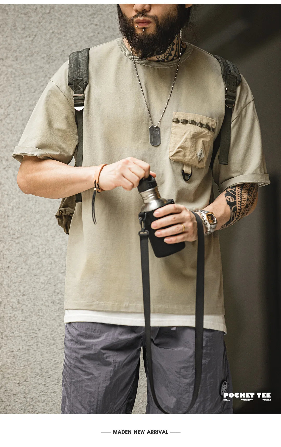 Maden Casual Outdoor Spliced Pocket Short Sleeve T-Shirt Men's Summer Loose Fit Breathable Round Neck Tee Comfortable Street Top