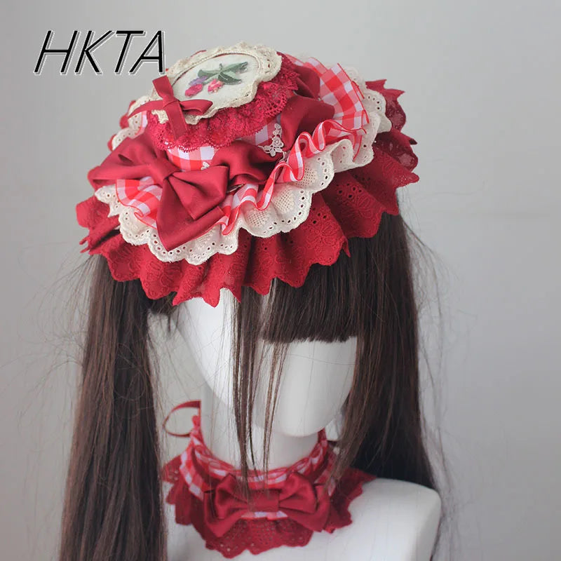 Lolita Sweet Plaid Bow Burgundy Hair Clip Hair Accessories Women Embroidery Lace Stitching Pleated Cake Top Hats Headgear Female