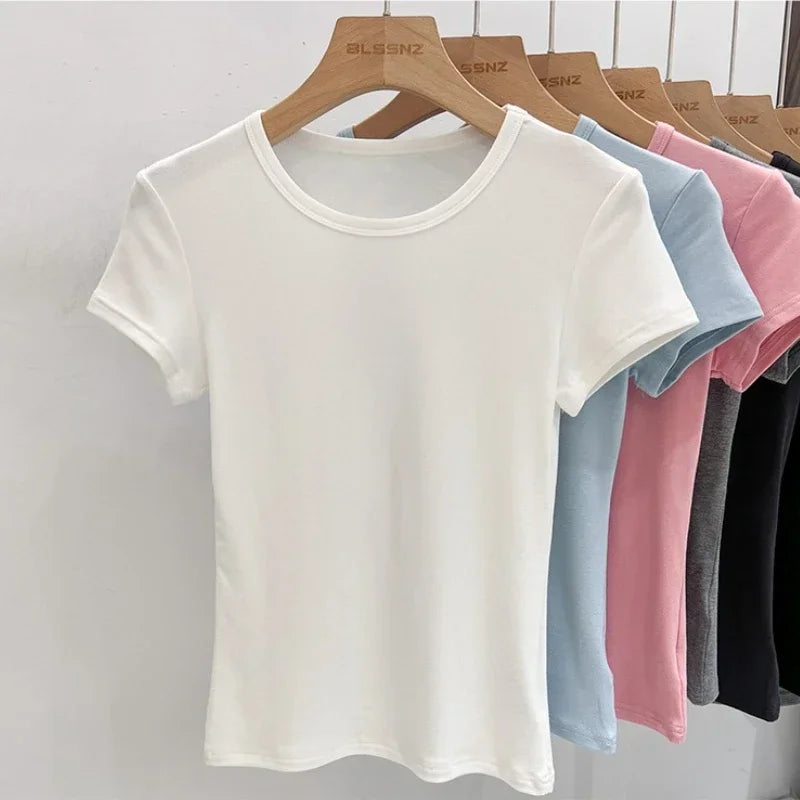 AOSSVIAO 2026 Summer White Cotton O Neck T-shirt Student Short Sleeve Versatile Tops Solid Slim Fit T Shirts Y2k Tee