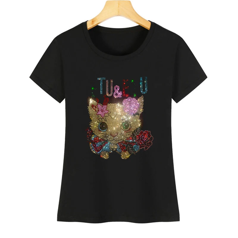 High quality rhinestone T shirt female summer short sleeve female fashion shiny cat crystal hot diamond T-shirt collar soft cott