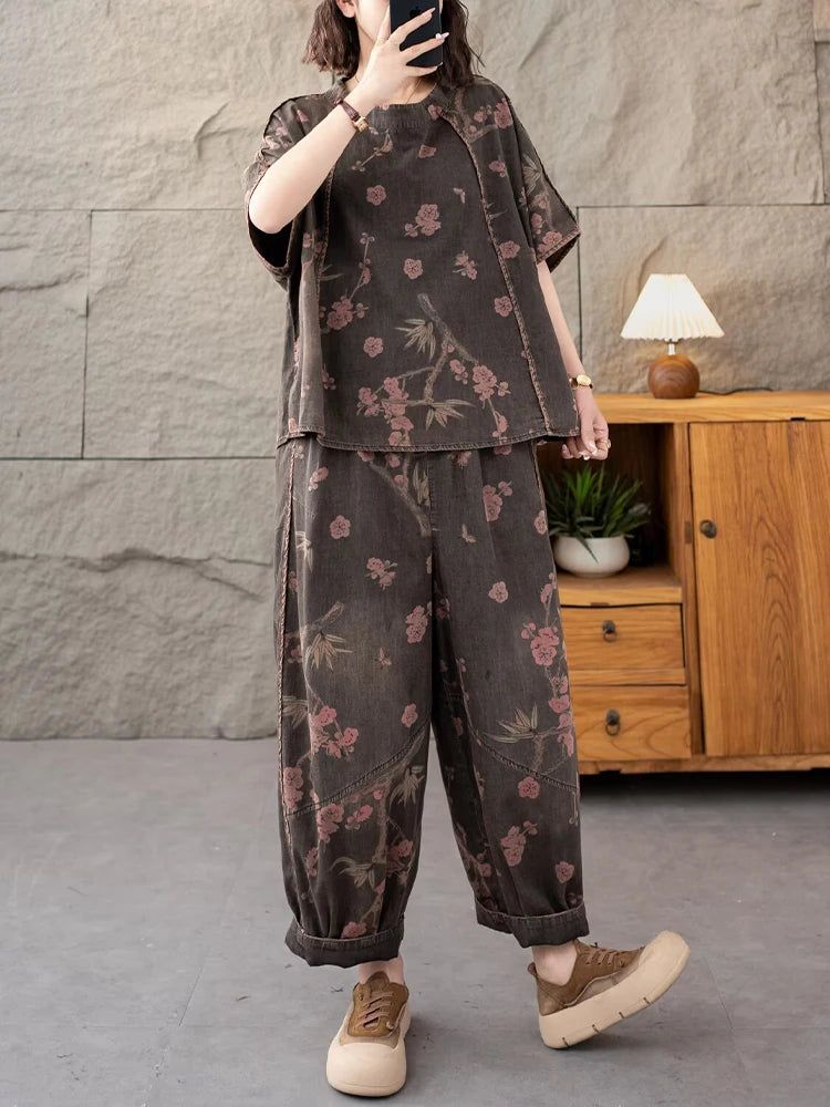 AmaxluluE 2025 Summer Women Denim Suits Loose Printed Two Pieces Sets Floral Outfit O Neck Tops Tees Vintage Jeans Fashion Pants
