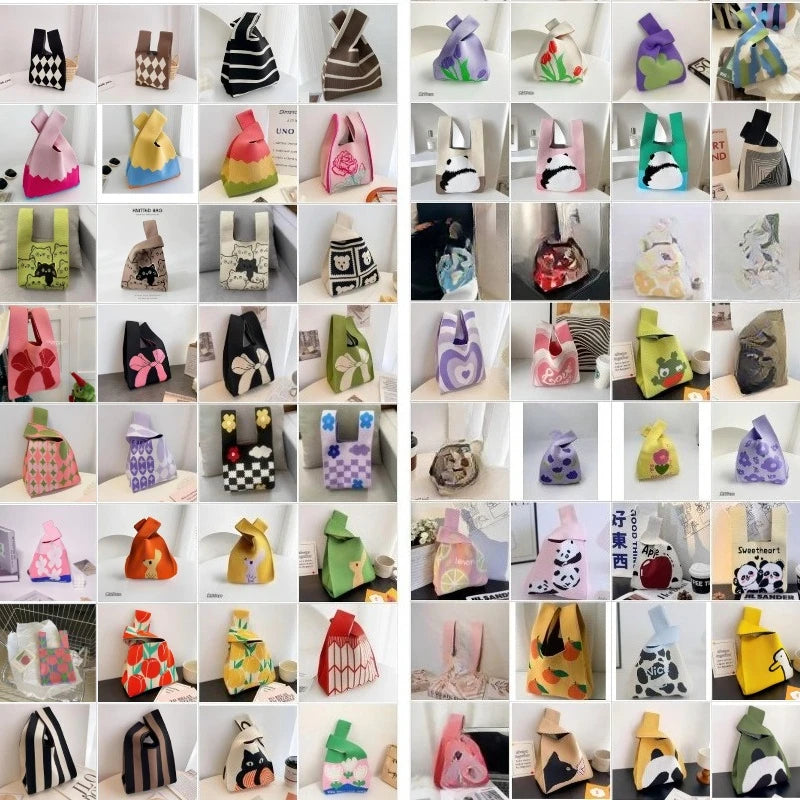 Women'S Knot Wrist Bag Tote Handmade Knitted Bag Portable Mini Striped  Bucket Phone Bags Large Capacity Autumn Winter Handbags