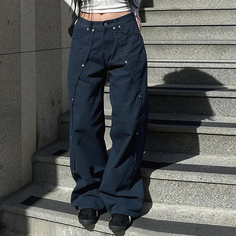 BKQU Fashion Straight Wide Leg Pants Women Baggy Jeans 2024 New American High Waist Irregular Rivets Design Wash Denim Trousers