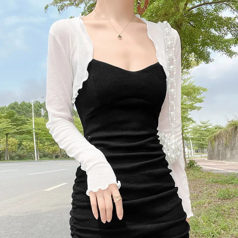 Womens Ruffle Long Sleeve Cropped Evening Shrug Open Front Bolero Tops Cardigan Long Sleeve Short Coat Cover-ups