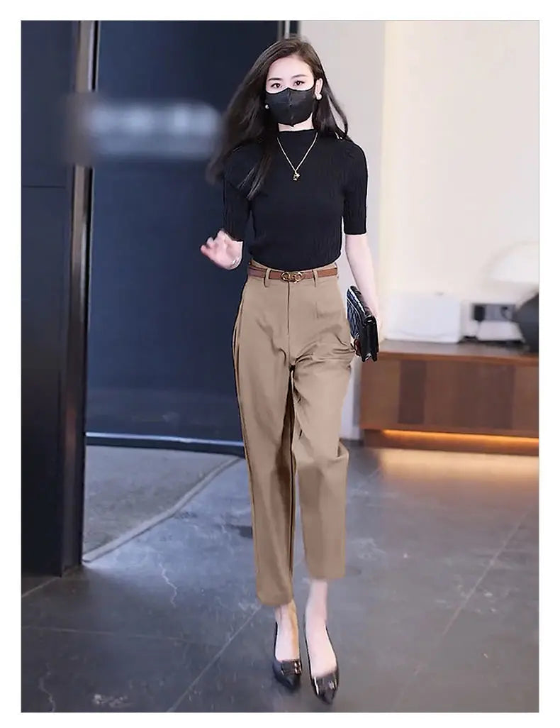 Office Lady Korean Fashion Women Suit Pants Spring Autumn Solid Slim Pencil Streetwear Casual High Waist Harem Cropped Trousers