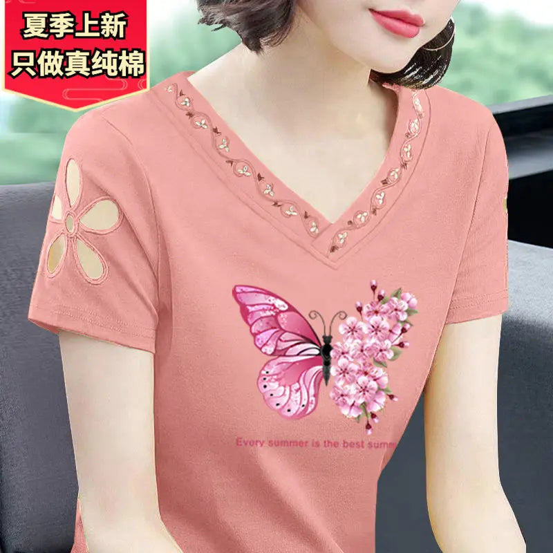 Simplicity Office Lady Summer New Pure Cotton Women's Solid V-Neck Embroidered Fashion Casual Loose Short Sleeve T-Shirts Tops