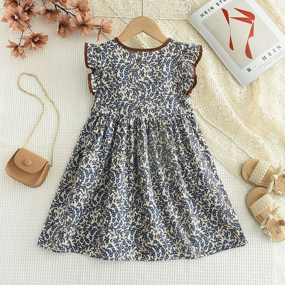 Bear Leader Summer Flying Sleeve Round Neck Girls Princess Dress 3-7 Years Flower Kids Clothes with Button